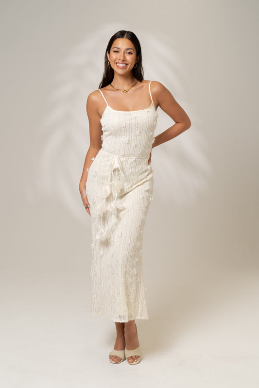Amara Cream Coloured Knit Midi Dress with Waist Tie