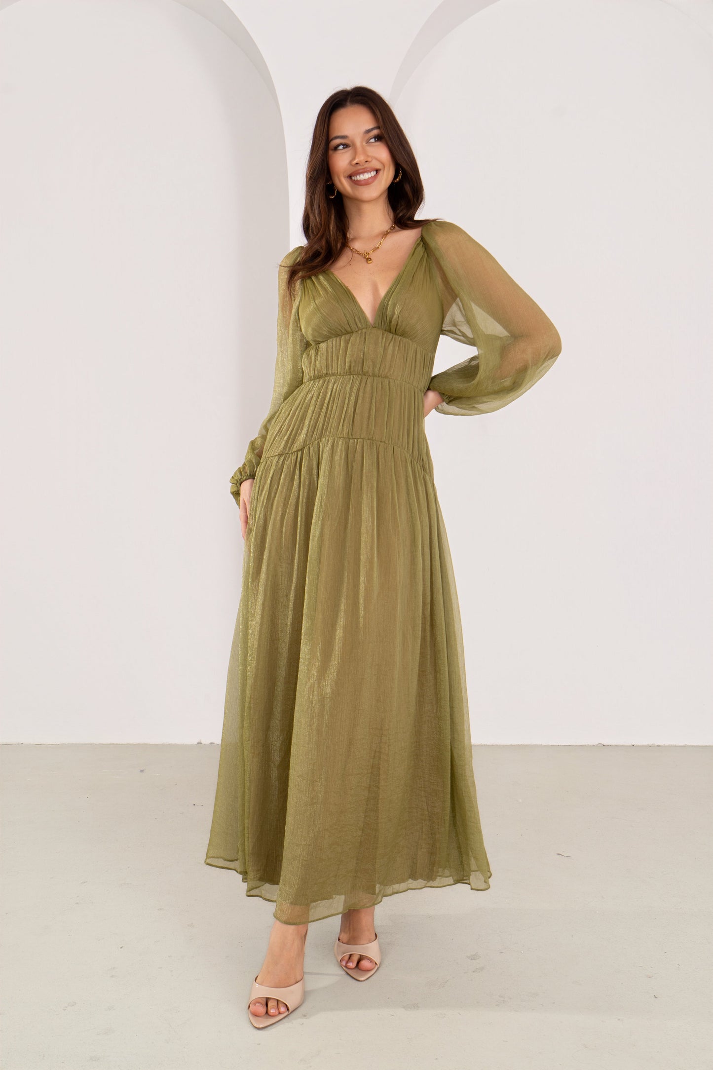 Cressida Olive Shimmer Long Sleeve Maxi