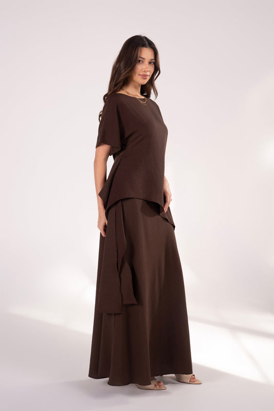 Fleurine Chocolate Short Sleeve Drape Top & Maxi Skirt Set