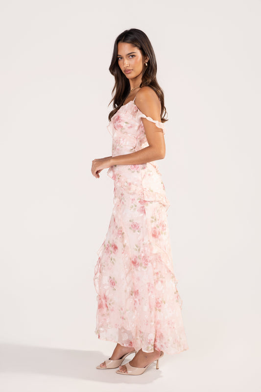 Kaelina Pink Floral Ruffle Maxi Dress