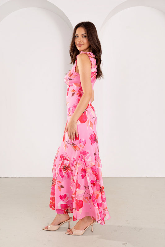 Marie Pink Floral Ruffle Maxi