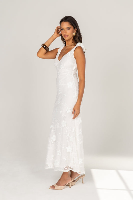 Mirella White Floral Lace Maxi with Shoulder Ties