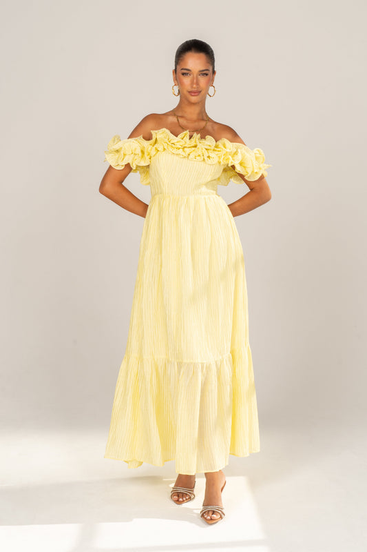 Rhea Off-Shoulder Ruffle Trim Maxi Dress