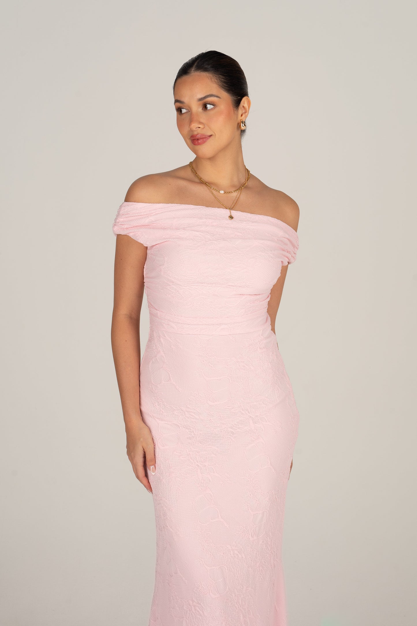 Teagan Off-Shoulder Pink Lace Midi