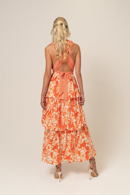 Lydia Orange Print Cross Back Maxi Dress