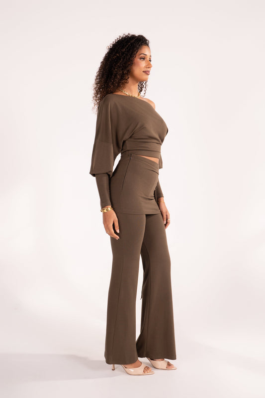 Araminta Olive Drop Shoulder Top & Flared Pant Set with Drape Detail