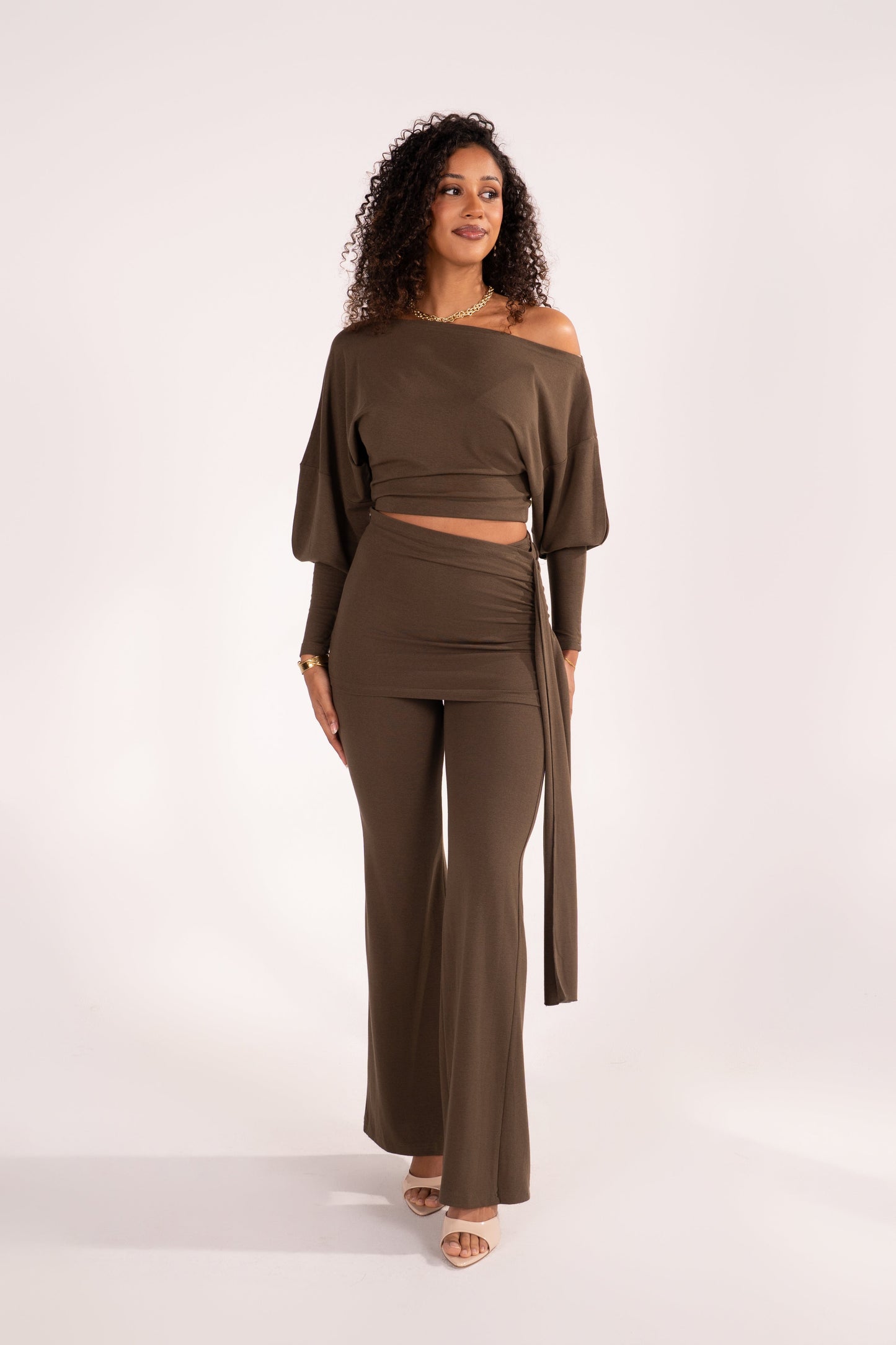 Araminta Olive Drop Shoulder Top & Flared Pant Set with Drape Detail