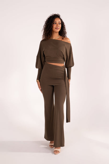 Araminta Olive Drop Shoulder Top & Flared Pant Set with Drape Detail