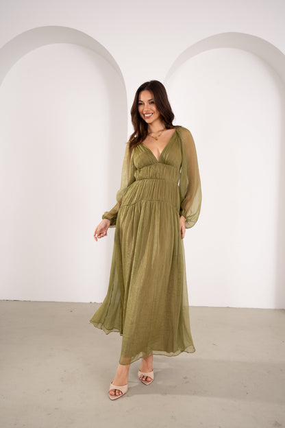 Cressida Olive Shimmer Long Sleeve Maxi