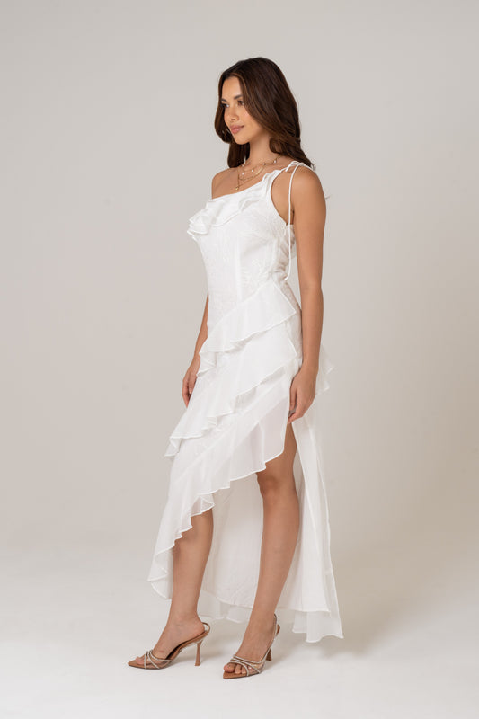Lenora One Shoulder Midi Dress with Ruffles