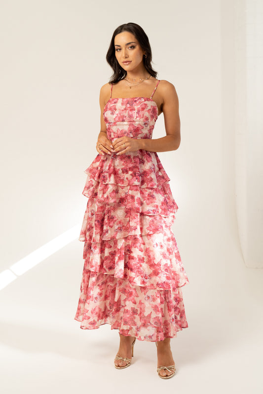Emilia Pink Floral Tiered Maxi Dress