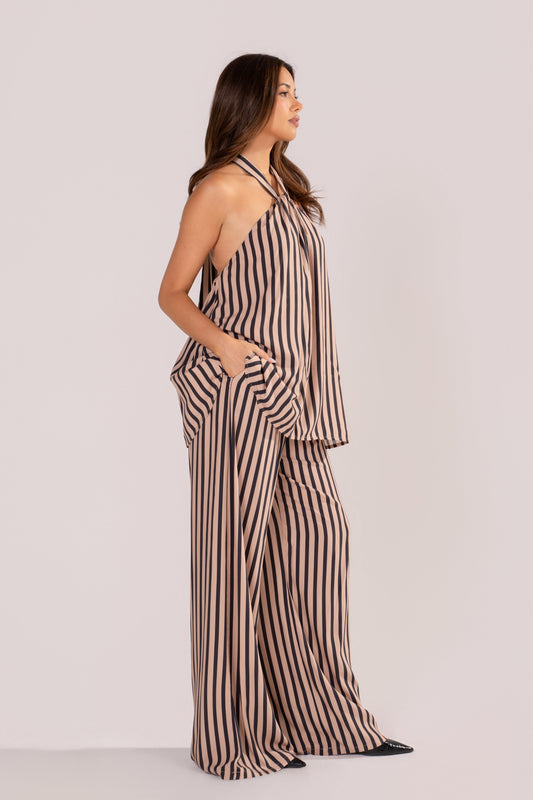 Dulcie Stripe Halter Tie Top & Wide Leg Pant Set
