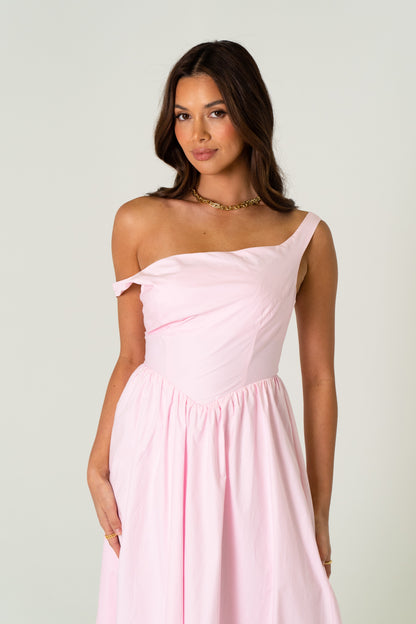 Joanne Pink Drop Shoulder Corset Tie Midi Dress
