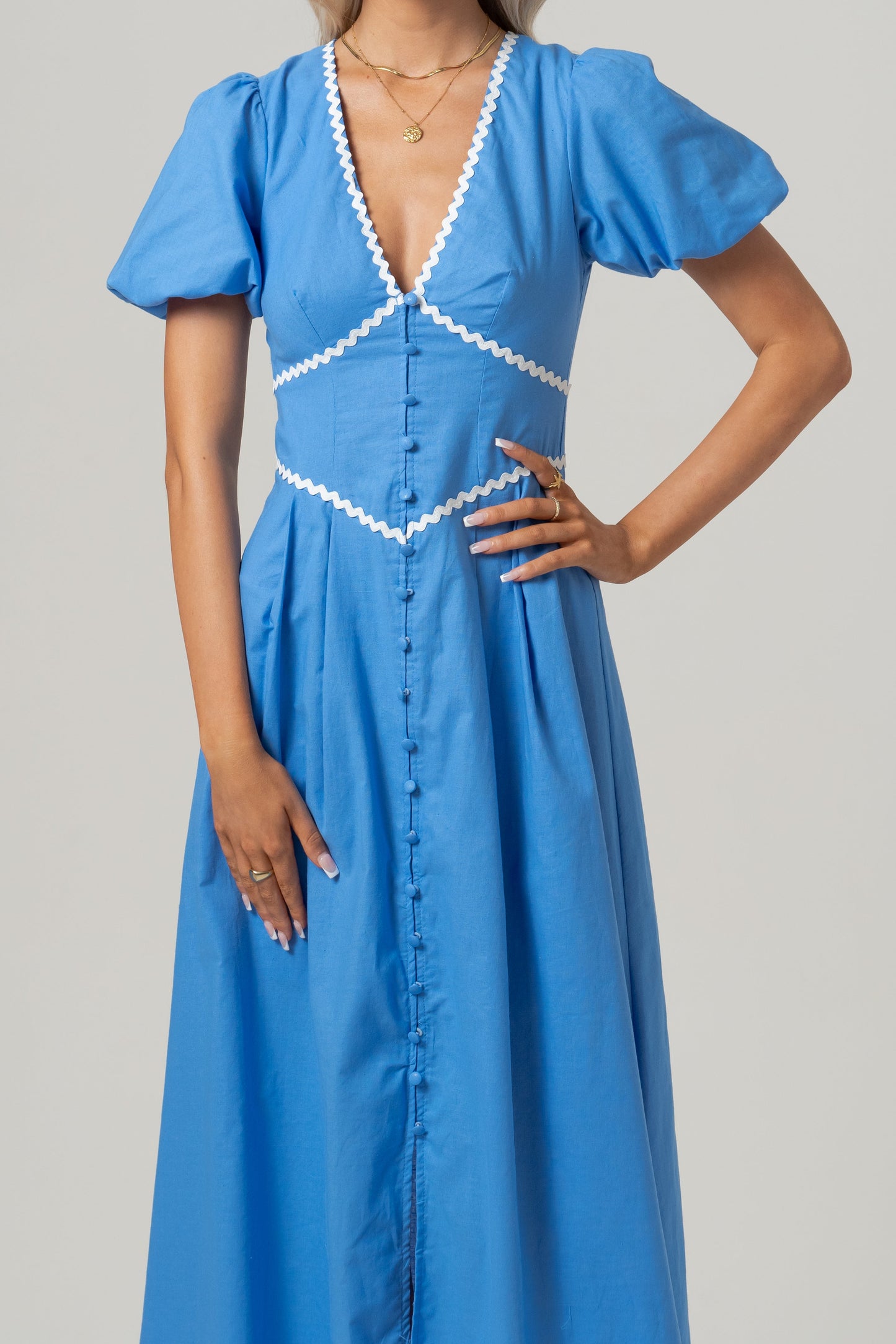 Eden Puff Sleeve Blue Midi Dress with Ric Rac Trims