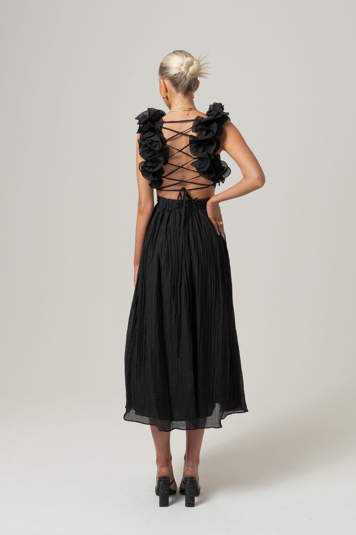 Tilly Ruffle Trim Midi Dress with Back Ties