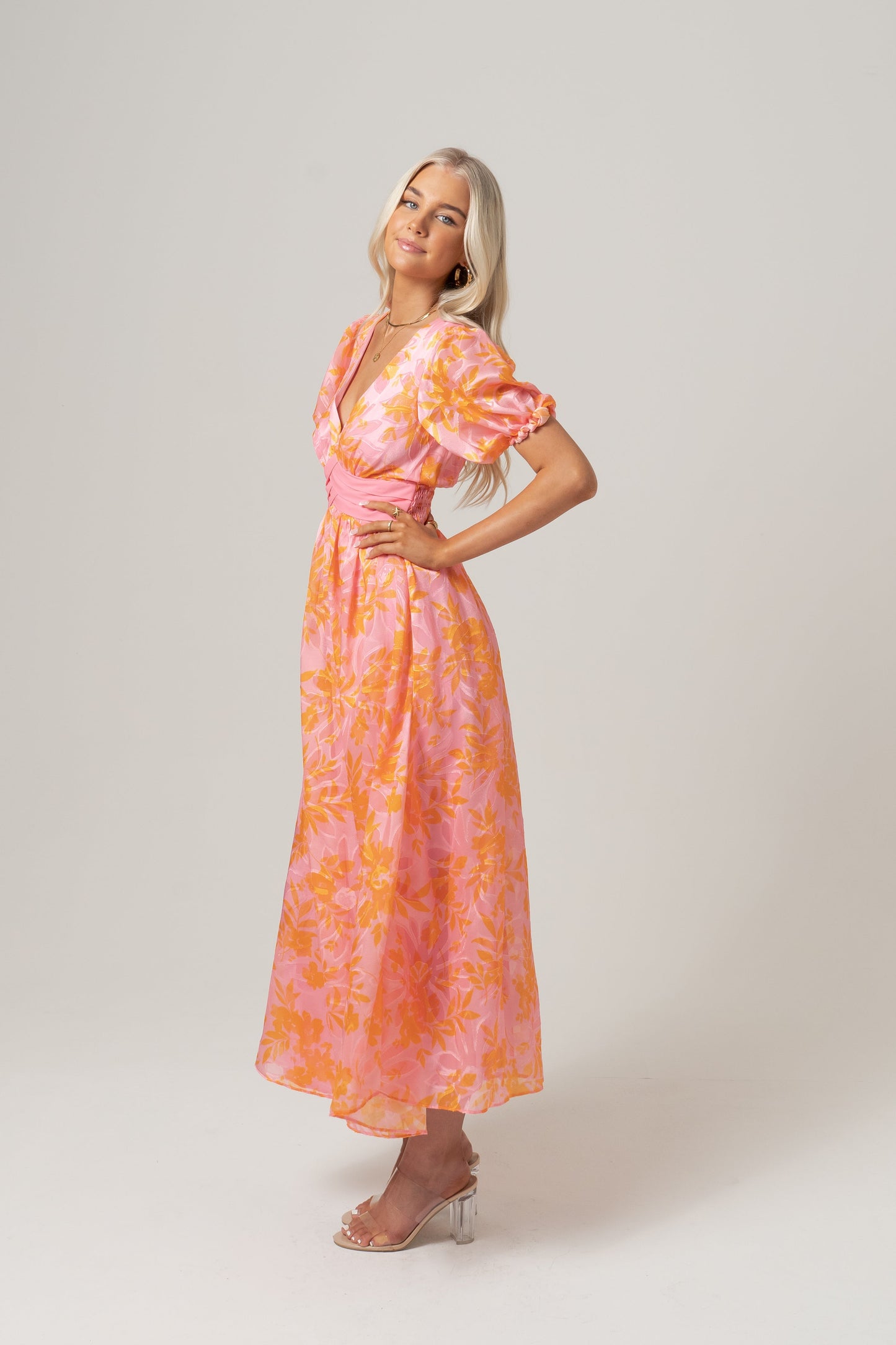 Madeline Pink Floral Print Maxi Dress with Puff Sleeves