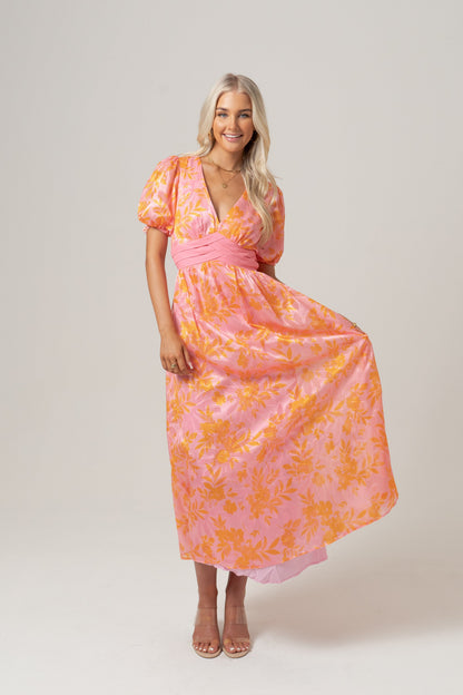 Madeline Pink Floral Print Maxi Dress with Puff Sleeves