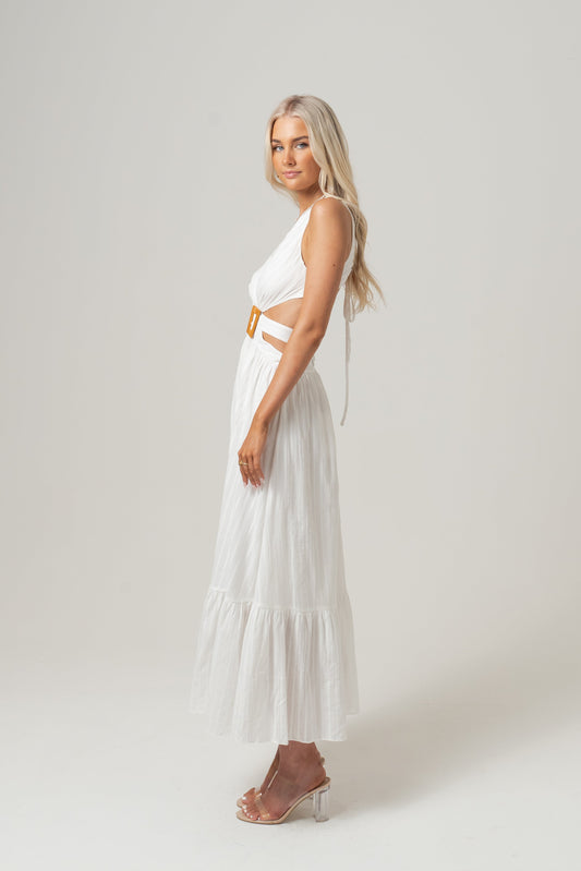 Katrina White Cross Back Maxi Dress with Buckle Detail