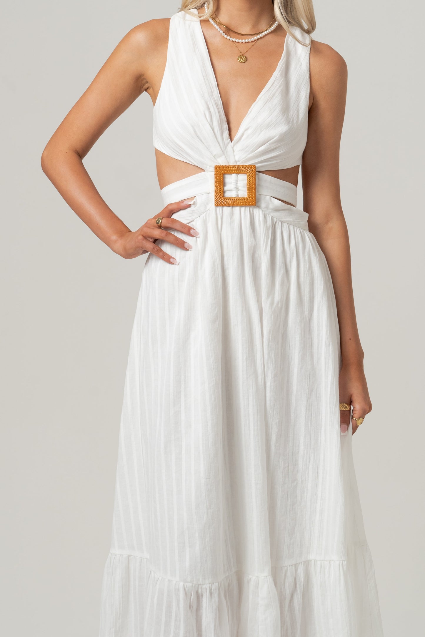 Katrina White Cross Back Maxi Dress with Buckle Detail
