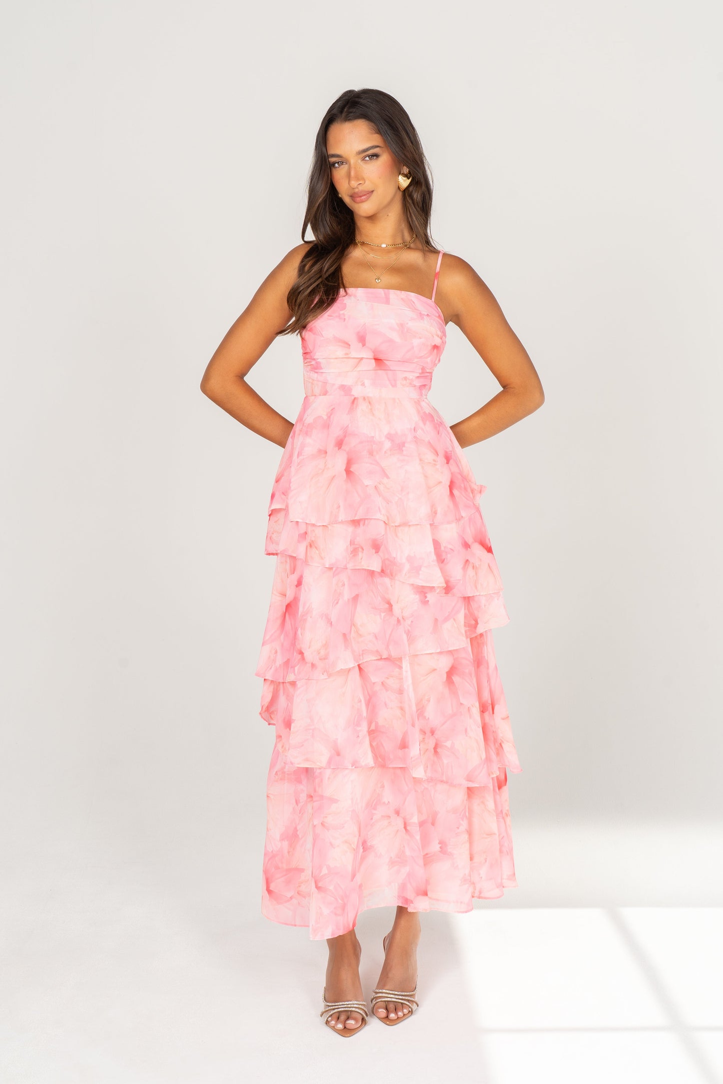 Emilia Pink Floral Tiered Maxi Dress