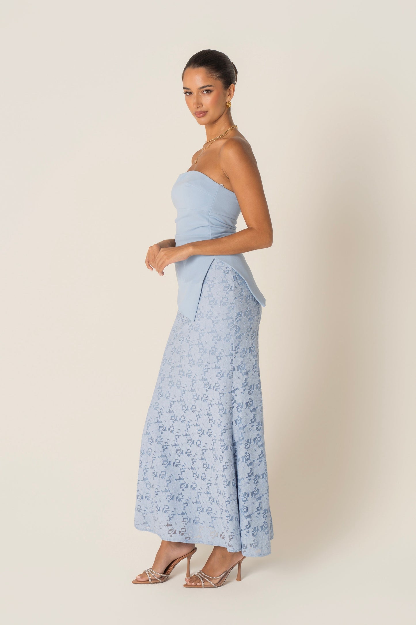 Genevieve Set - Strapless Asymmetrical Hem Top & Lace Midi Skirt