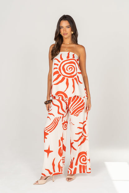 Greta Red Print Strapless Top & Wide Leg Pant Set