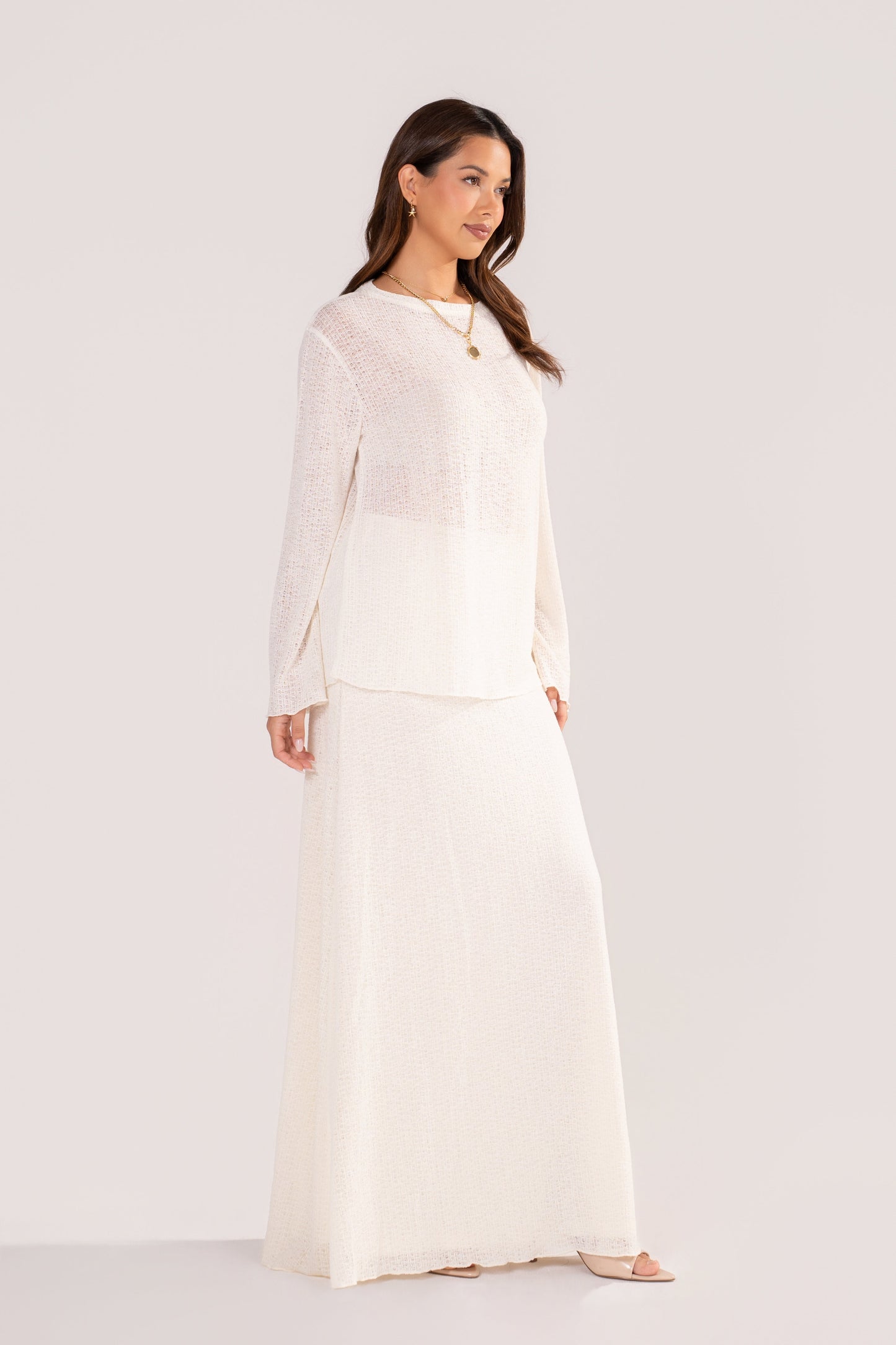 Harper Long Sleeve Cream Crochet Top & Skirt Set
