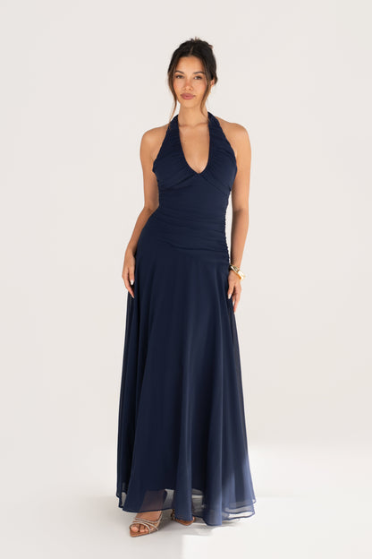Jeanette Navy Halter Neck Maxi Dress