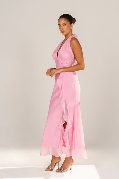 Jolie Pink Halter Gown with Ruffle Trims