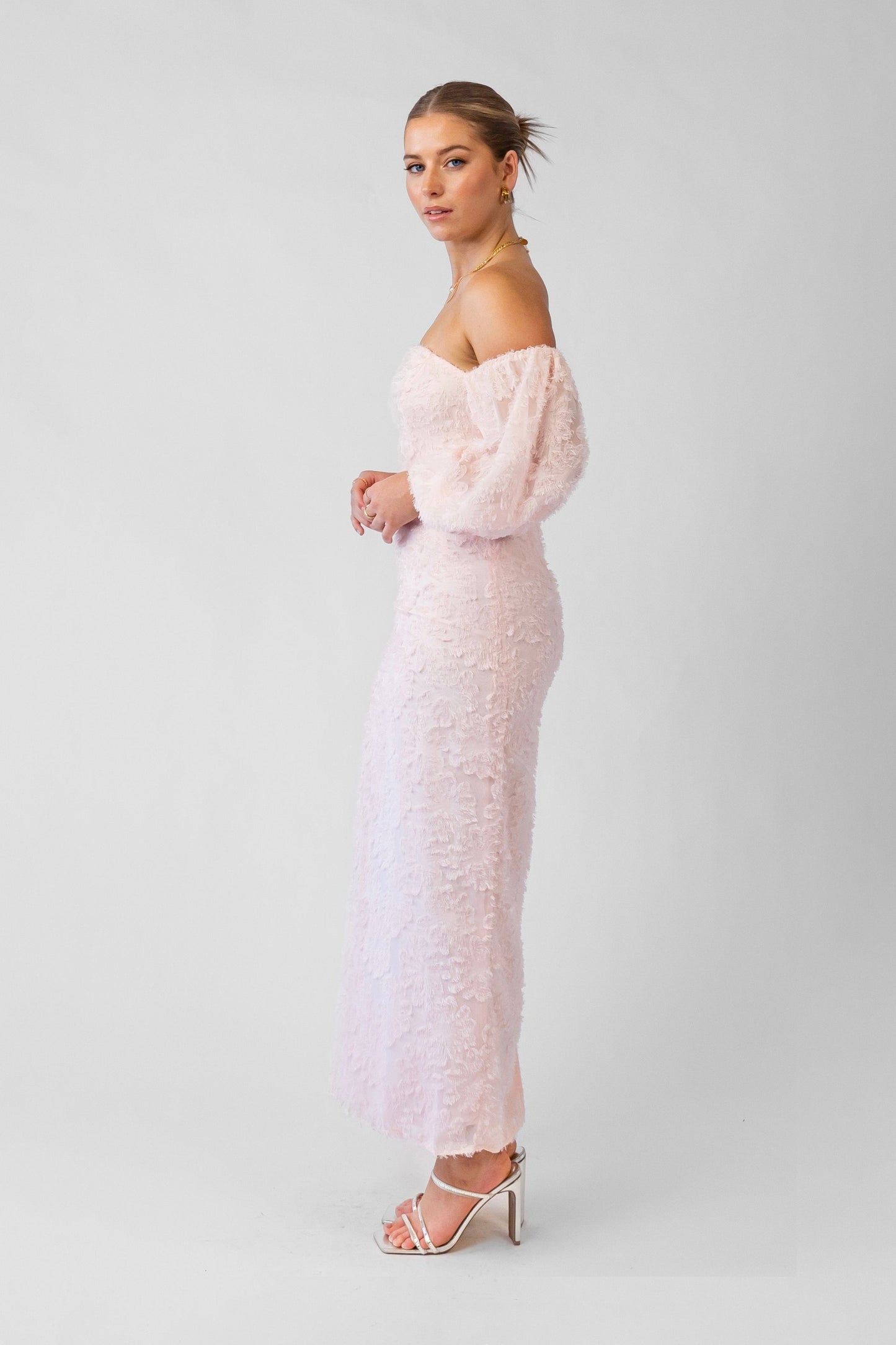 Kylie Off-Shoulder Blush Midi Dress with Puffed Sleeves