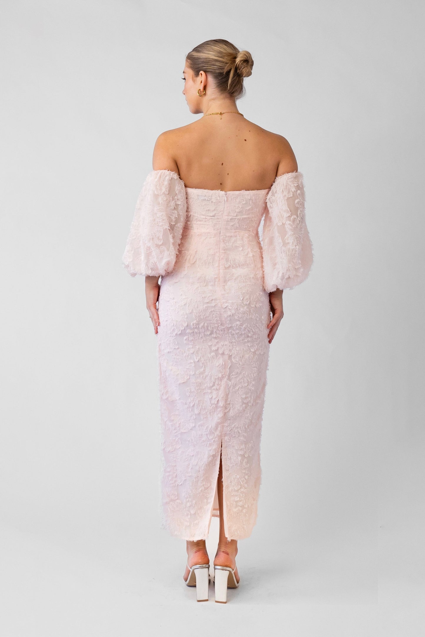 Kylie Off-Shoulder Blush Midi Dress with Puffed Sleeves