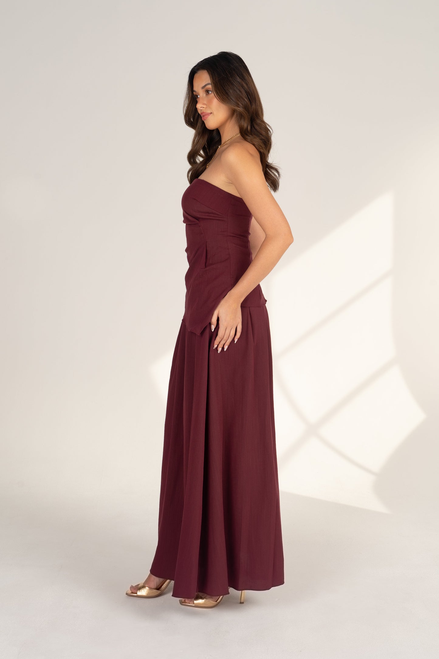 Lillian Plum Two Piece Set - Strapless Top & Pleated Maxi Skirt