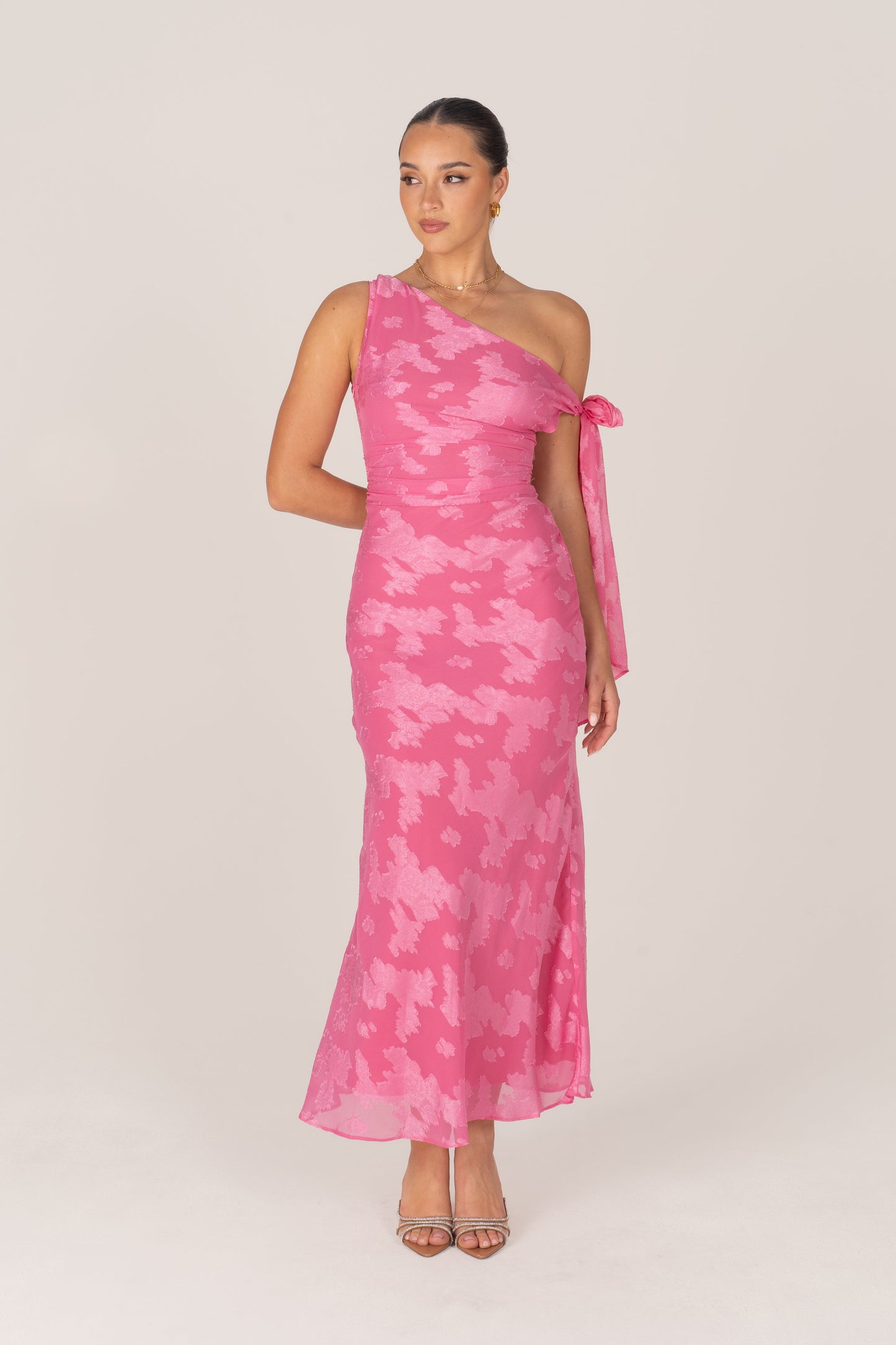 Olympia Asymmetrical Pink Drop-Shoulder Maxi with Tie