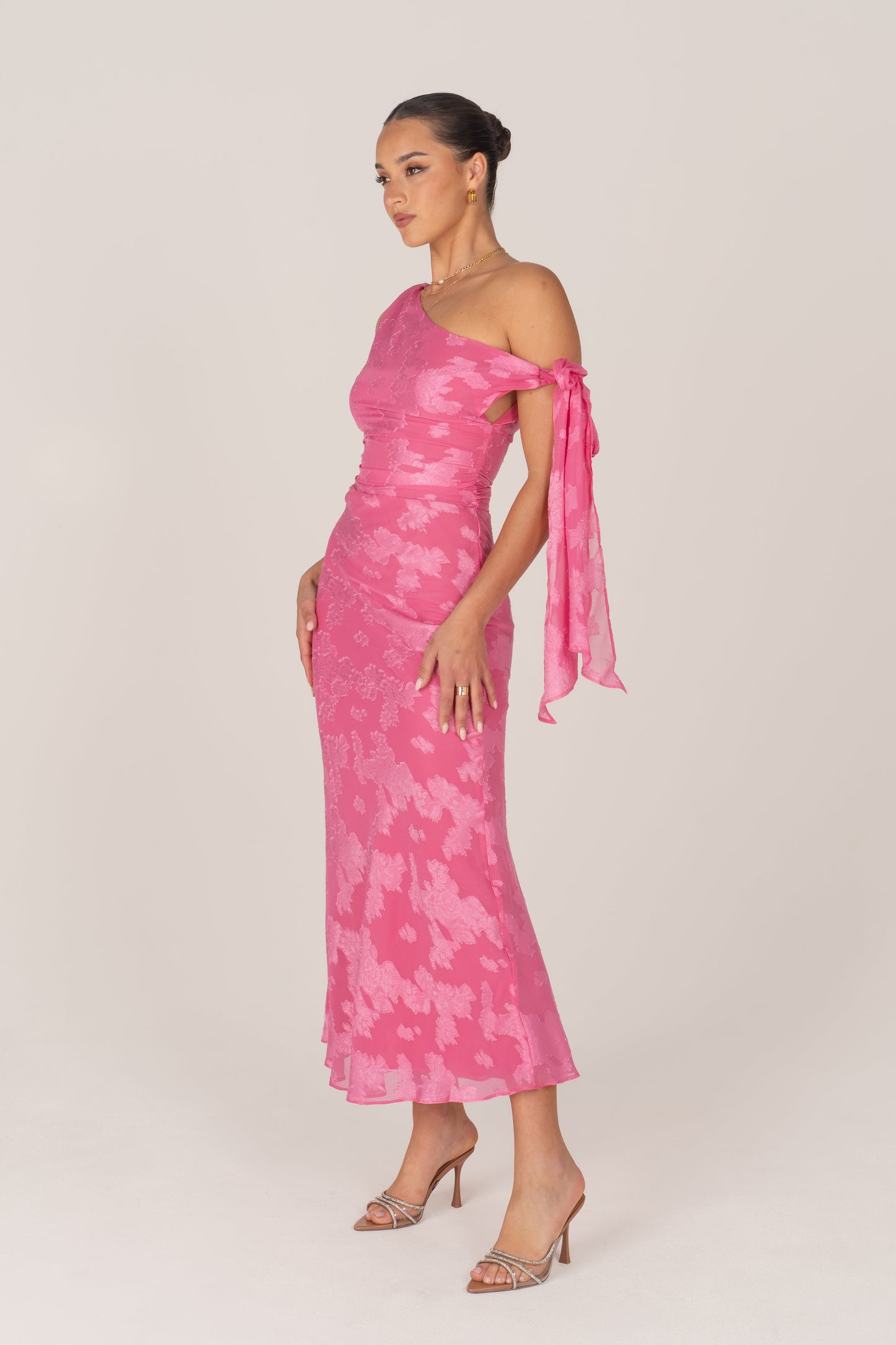 Olympia Asymmetrical Pink Drop-Shoulder Maxi with Tie