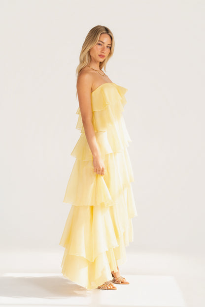Piper Strapless Yellow Cascading Tier Maxi Dress