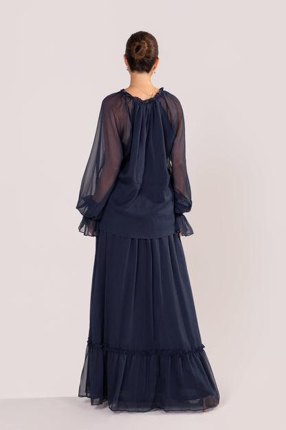 Querida Long Sleeve Navy Blouse & Maxi Skirt Set