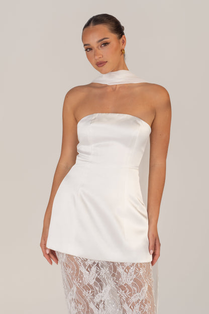 Quinn White Gown with Lace Hem & Detachable Scarf