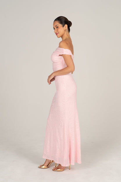 Teagan Off-Shoulder Pink Lace Midi
